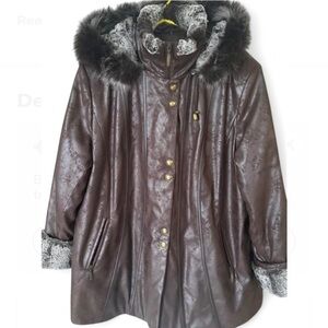 Women's Brown Faux Fur Trimmed Coat by Nuage